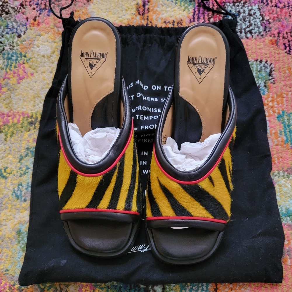 John Fluevog Yellow and Black Striped Pony Hair Sandals SZ 10